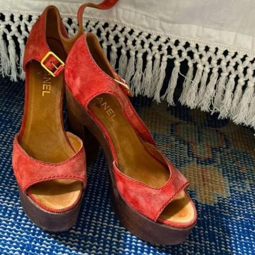 CHANEL Platform Sandals Red Suede Wood Block Heels Sz 39